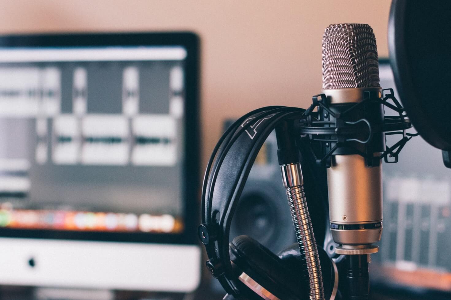 Podcast set up with microphone and headphones