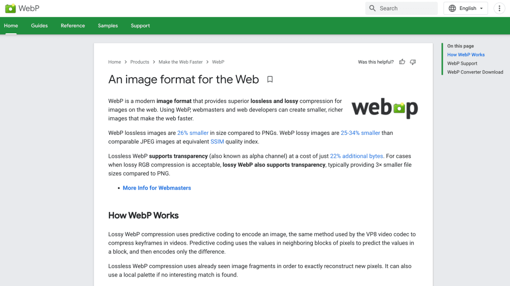Screenshot of Google's WebP page