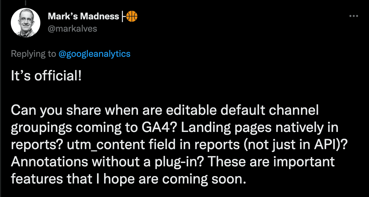 A screenshot of a tweet about Google Analytics 4