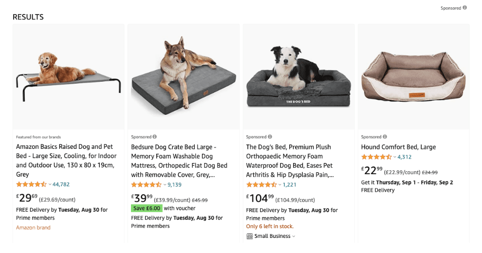 Amazon listings of dog beds