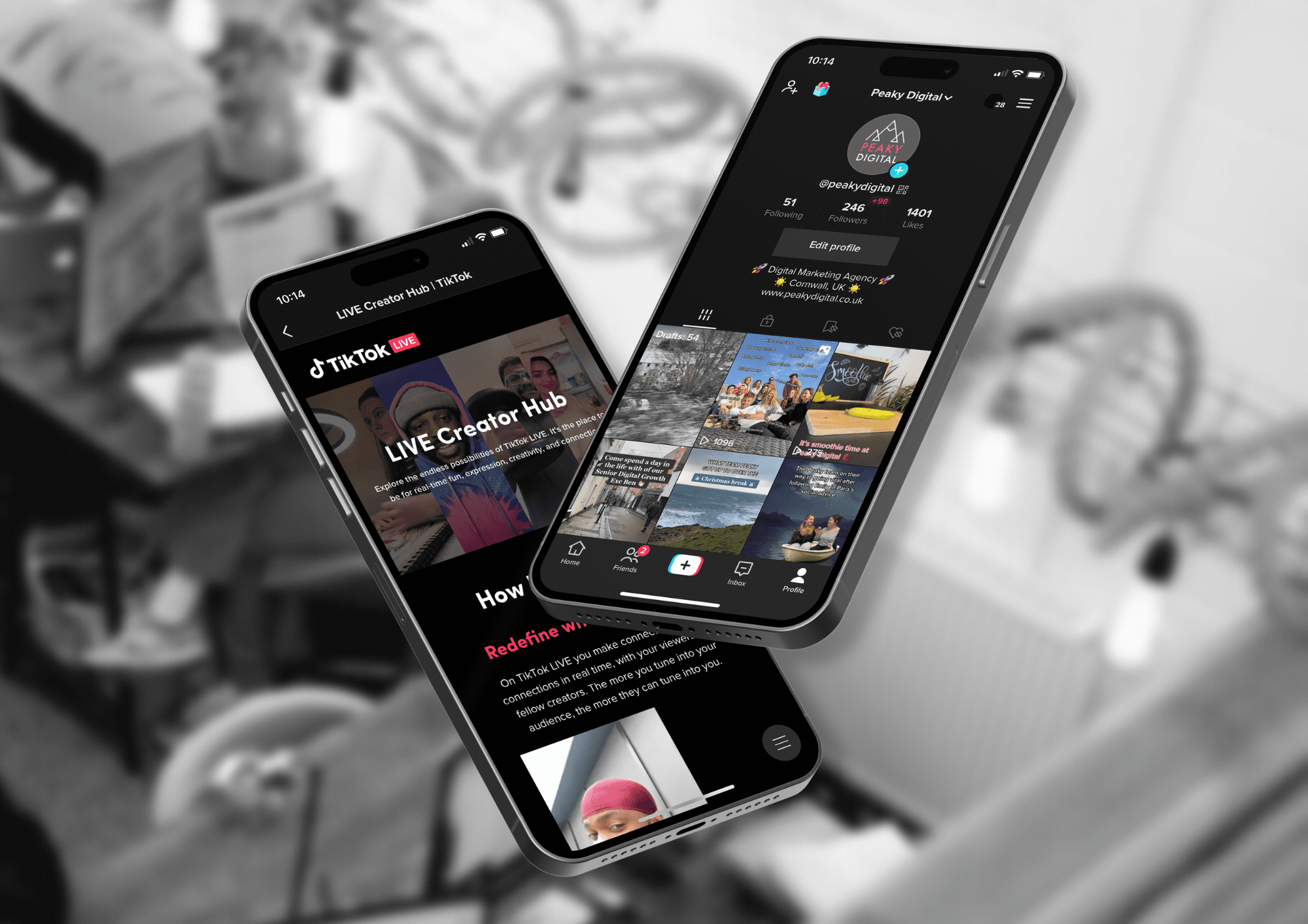 Two phone screens showing the TikTok Creator Hub and the Peaky Digital TikTok Profile