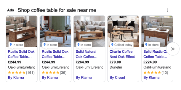 Google Ads search results for "coffee tables"