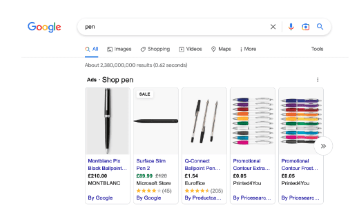 Google Ads search results for "pens"